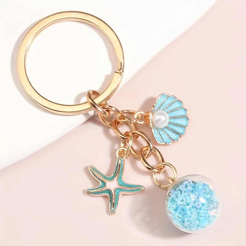 Starfish + Clam + Ball of Turquoise Keychain