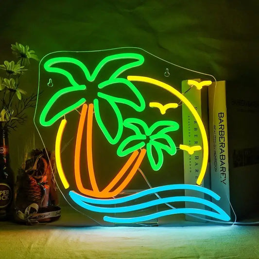 Palm Trees + Seagulls + Waves Neon Sign