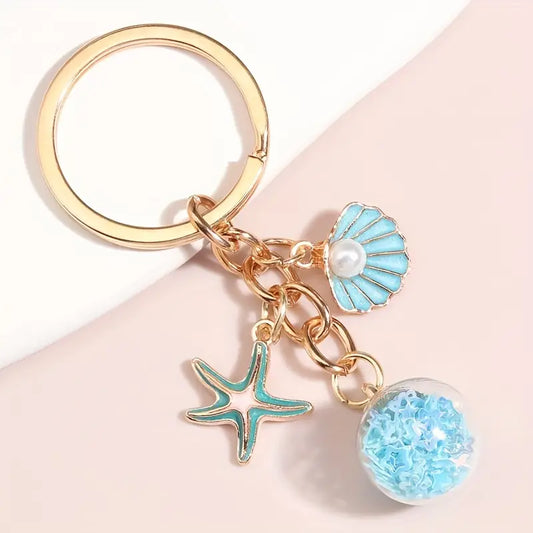 Starfish + Clam + Ball of Turquoise Keychain